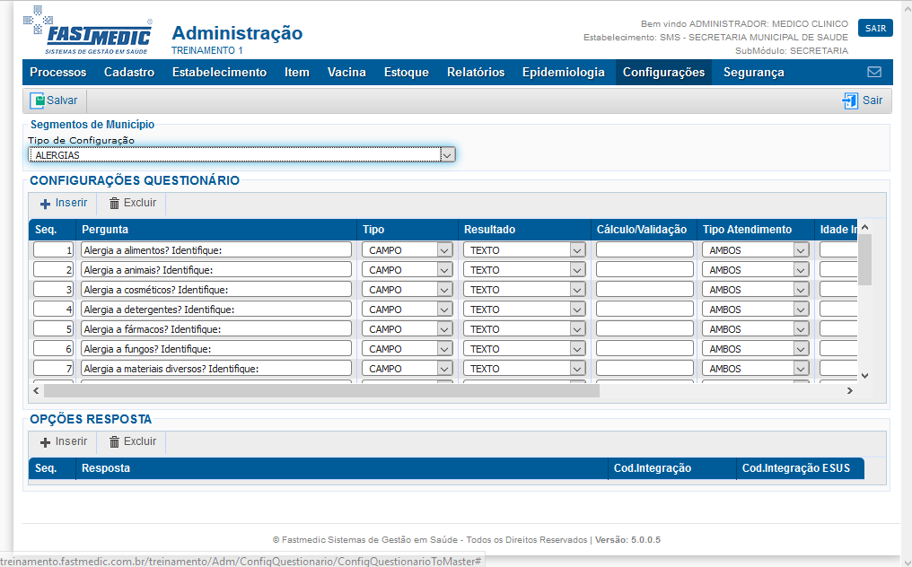 Imagem demonstrativa Configuração Questionários de Saúde
